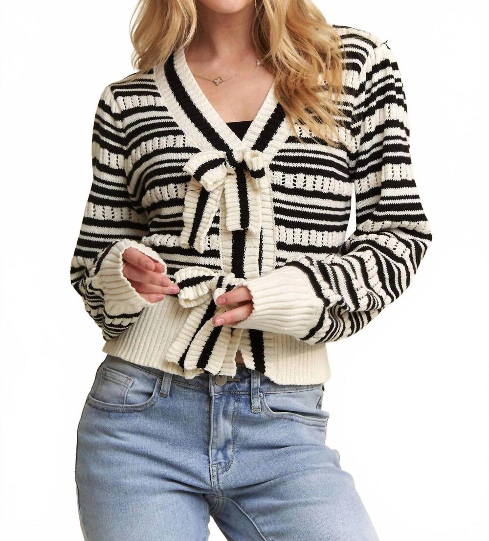 NEW ADORA bow tie stripe sweater top in white/black